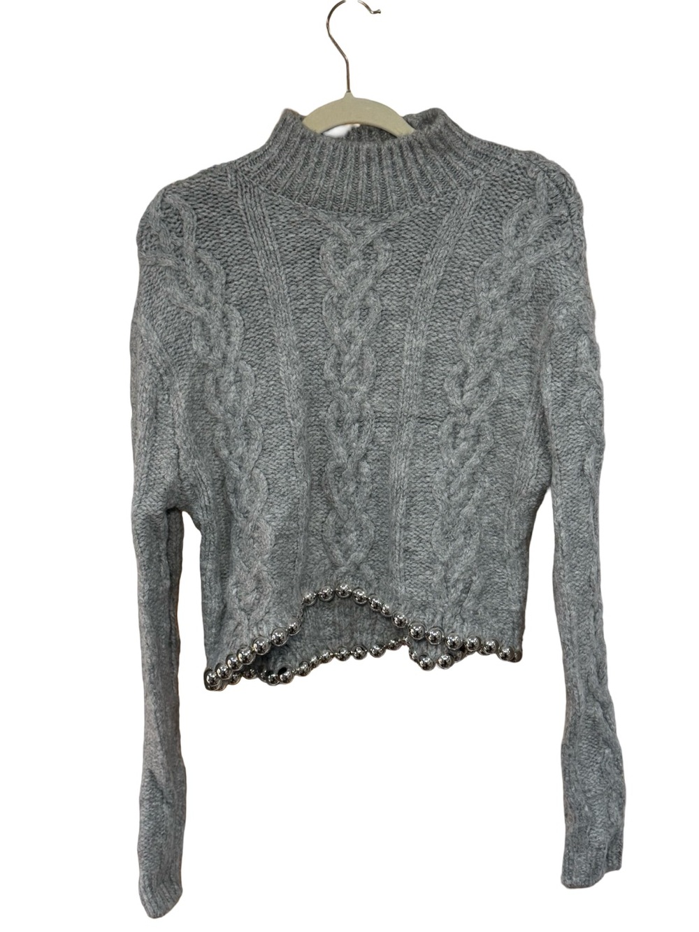 Zara Grey Cable Knit Turtleneck Sweater with Beaded Hem